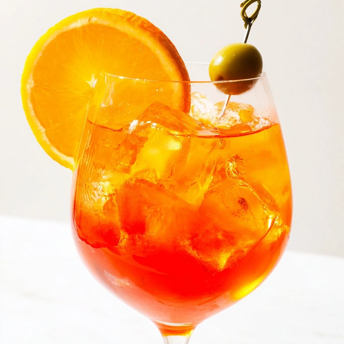 A vibrant Spritz cocktail with orange slice and olive garnish on ice.  