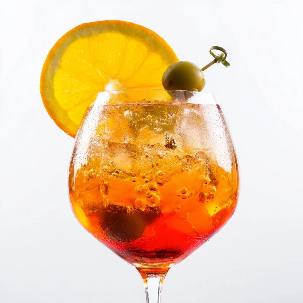 Close-up of chilled Spritz cocktail garnished with fresh orange slice and olive.
