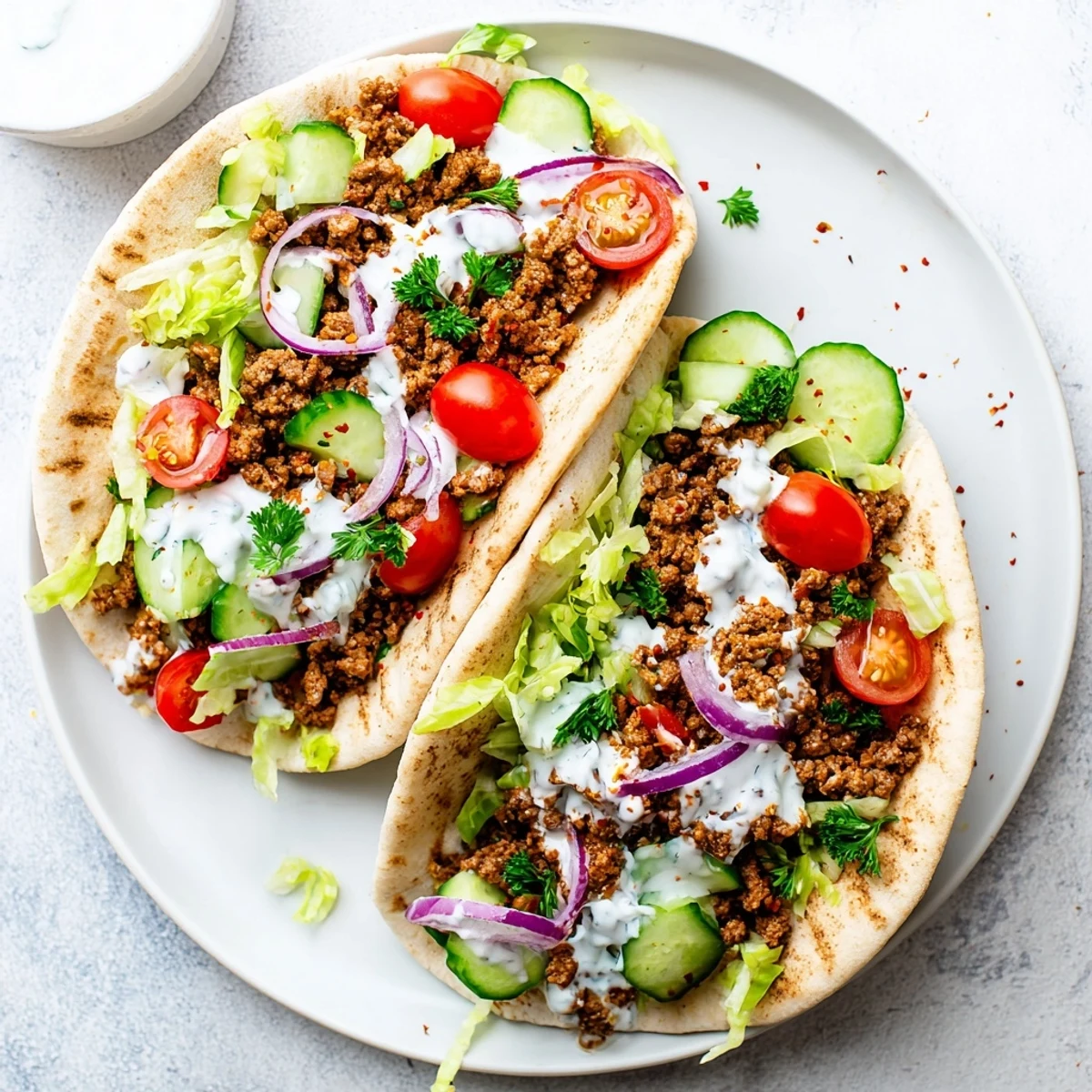 Golden spiced Mediterranean ground beef pita pockets stuffed with crisp veggies.  