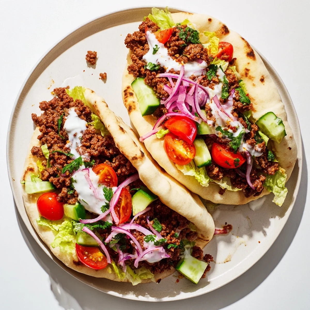 Warm pita filled with seasoned ground beef, fresh salad, and creamy yogurt sauce.  