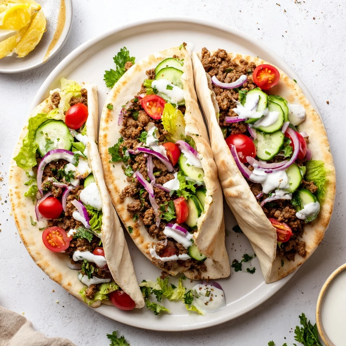 Delicious Mediterranean ground beef pita pockets drizzled with tangy garlic yogurt sauce.
