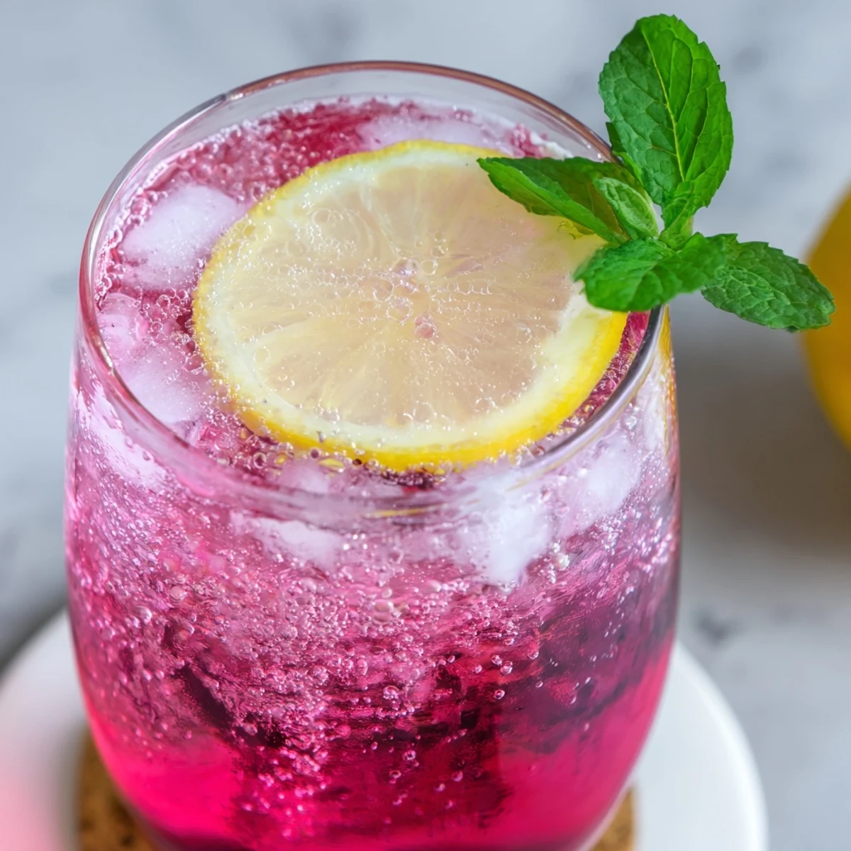 Glass of chilled honey lemon pink soda garnished with fresh lemon slices.  
