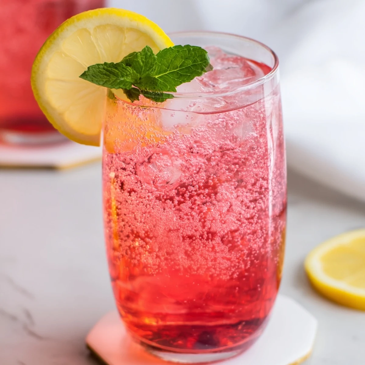 Refreshing honey lemon pink soda in a glass with ice and mint.  