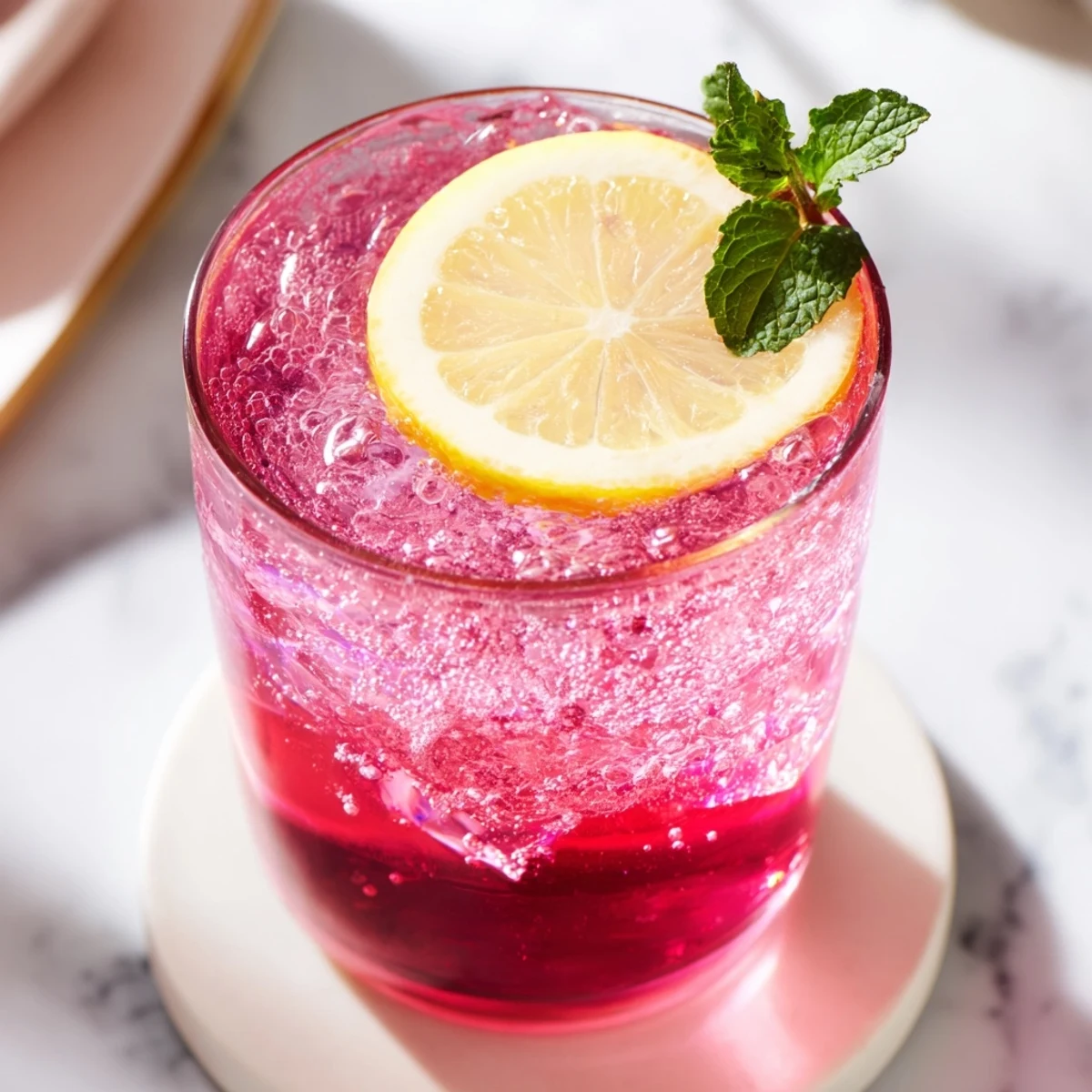 Effervescent honey lemon pink soda with bubbles rising, topped with a lemon wheel.