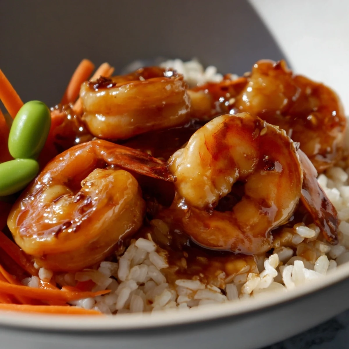 Succulent teriyaki shrimp rice bowls with fresh veggies and sesame seeds.  