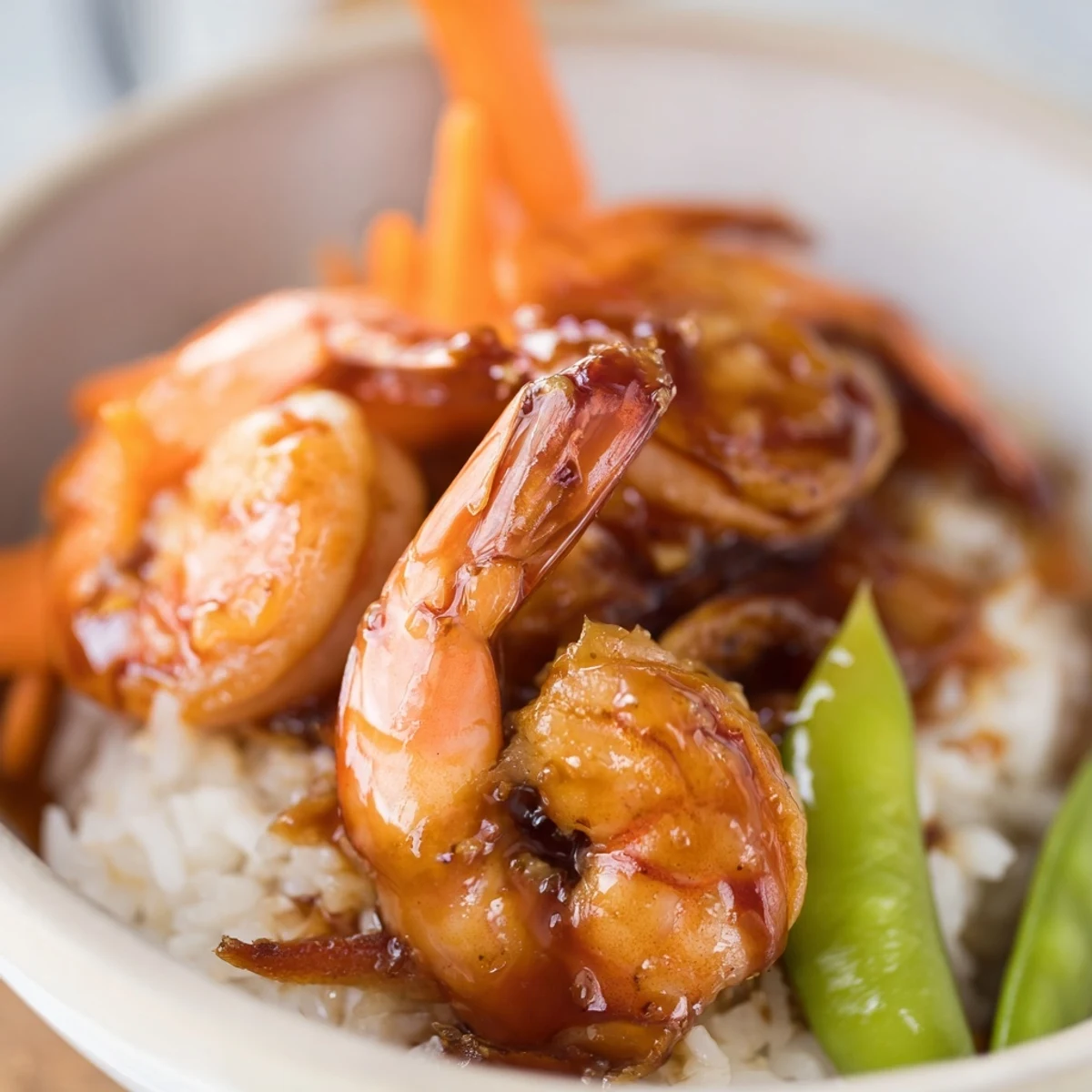 Glossy teriyaki shrimp over fluffy rice with crisp carrot and cucumber slices.  