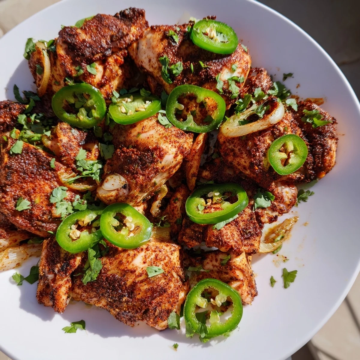 Golden spicy jalapeño chicken breasts garnished with fresh cilantro and lime wedges.  