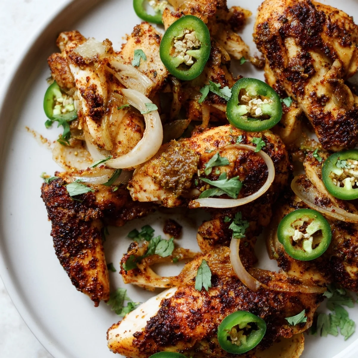 Juicy spicy jalapeño chicken cooked with sliced peppers and onions for a flavorful meal.  