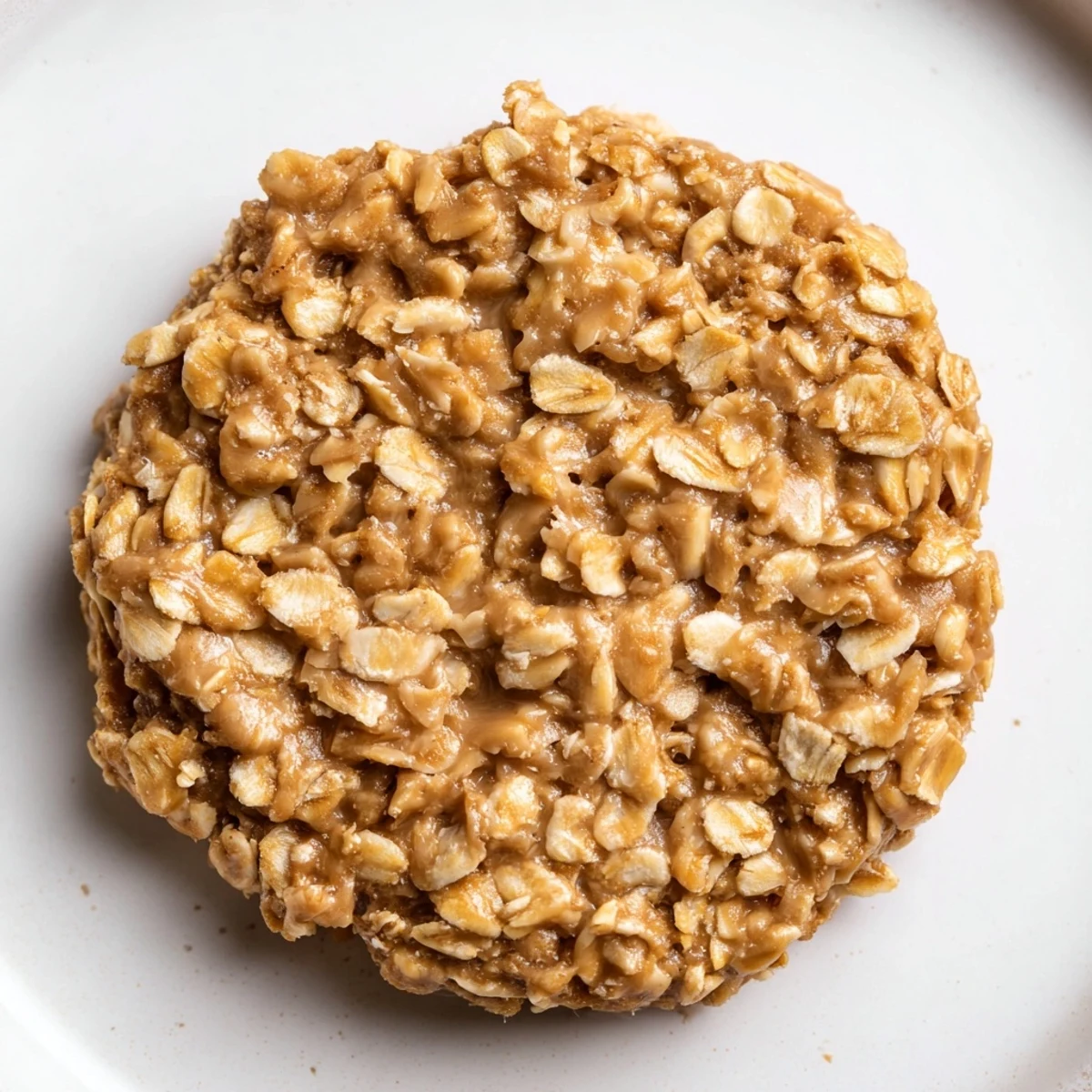 Creamy Peanut Butter No Bake Cookies topped with oats on a white plate  