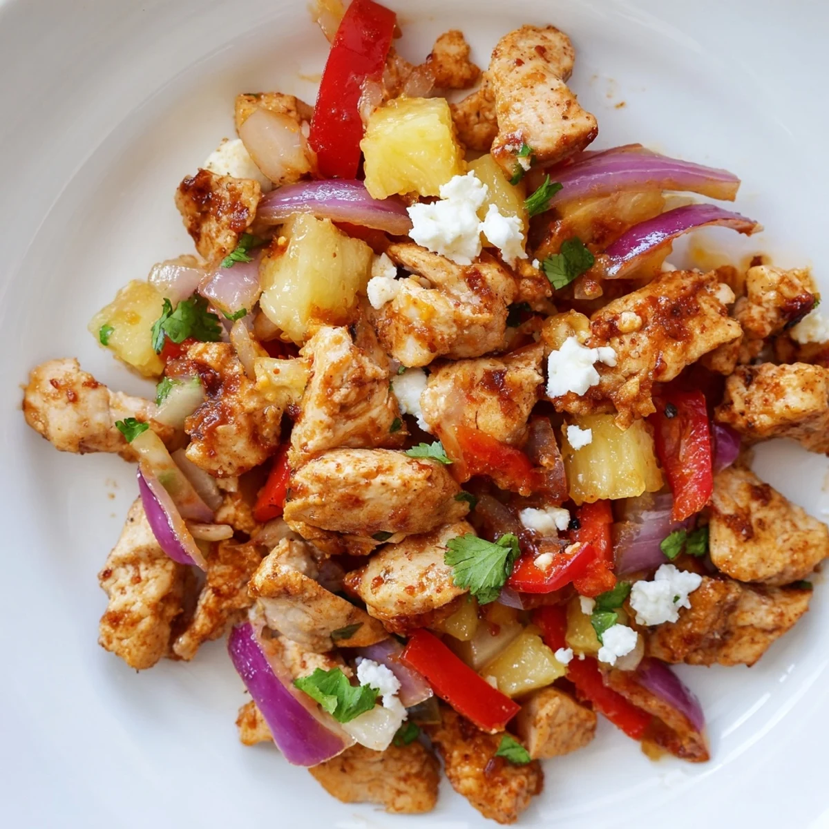 One pan chicken and pineapple tacos loaded with juicy seasoned meat and caramelized fruit.