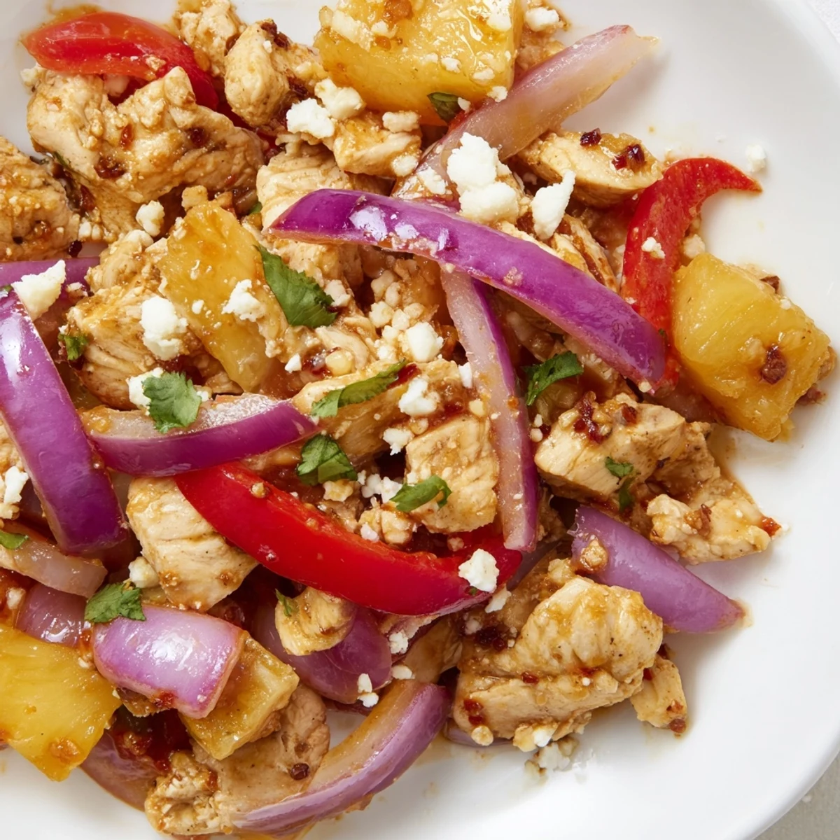 Golden chicken tacos topped with sweet pineapple and vibrant peppers for an easy dinner.