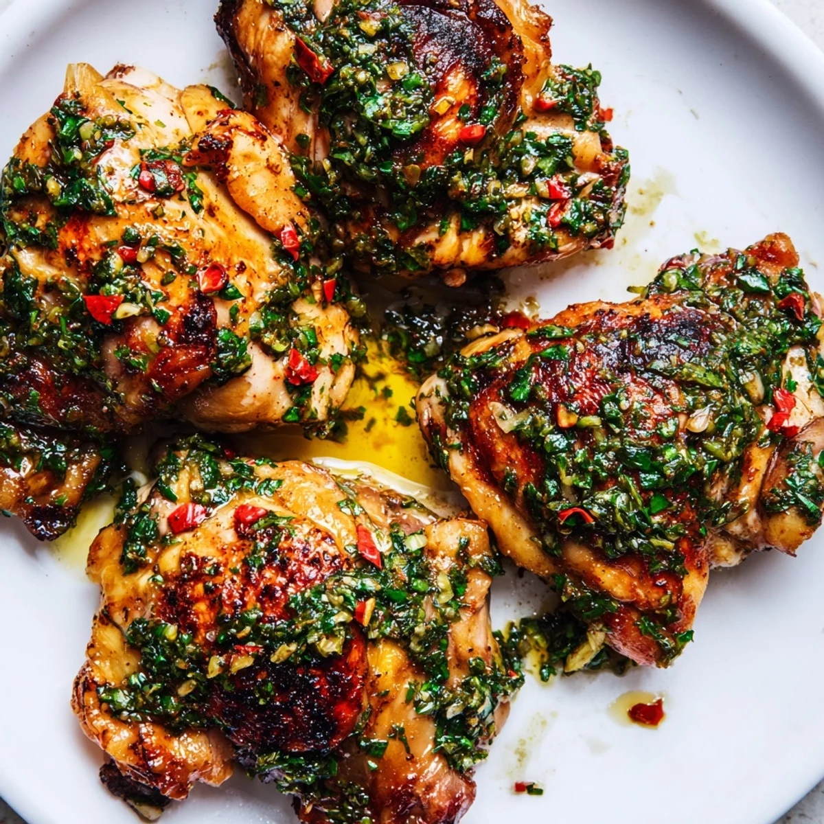 Golden grilled chimichurri chicken thighs coated in vibrant green herb sauce.  