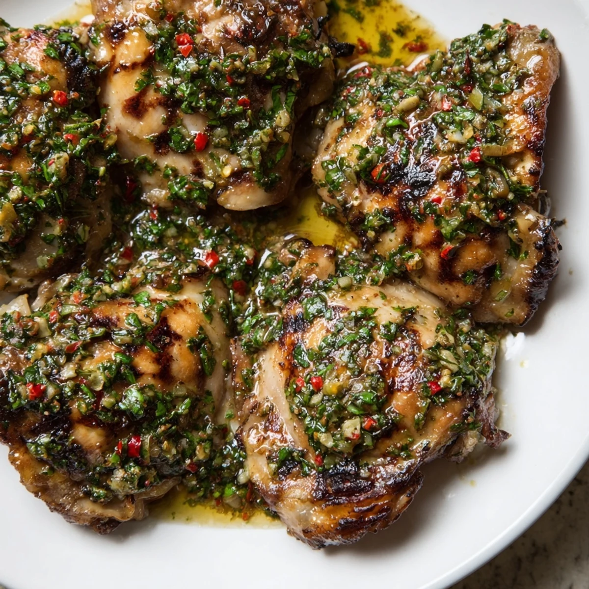 Juicy chimichurri chicken thighs sizzling on the grill with charred edges.  