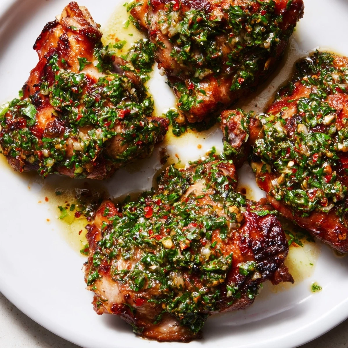 Succulent chimichurri chicken thighs served with fresh parsley and olive oil drizzle.