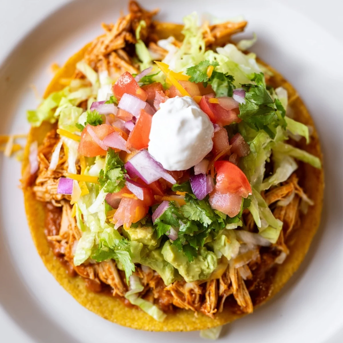 Seasoned shredded chicken on crunchy corn tortillas with creamy avocado toppings.  
