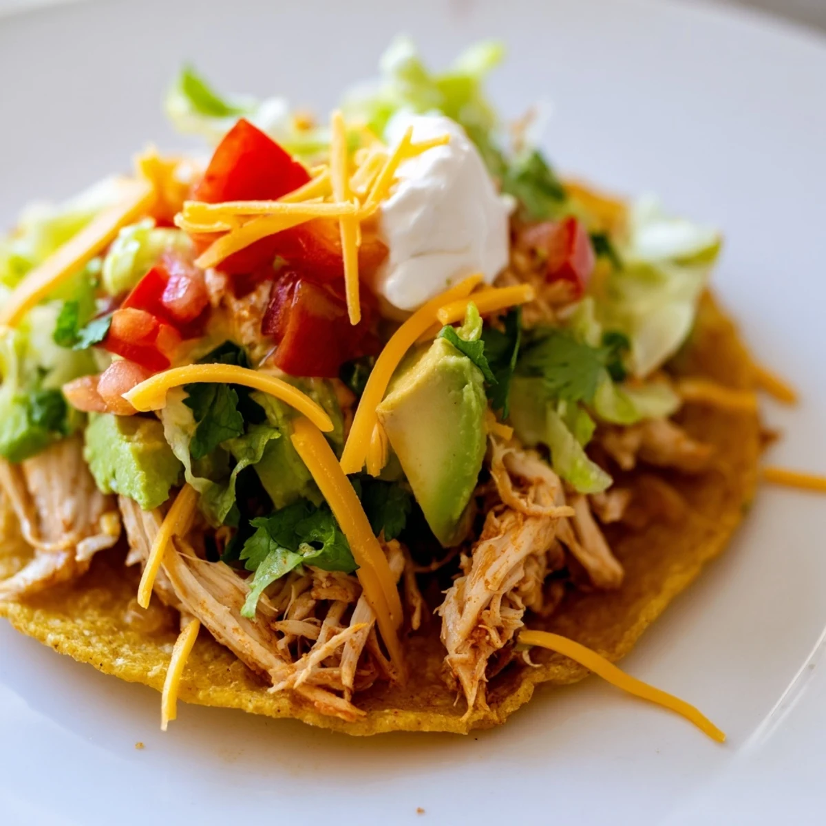 Golden crispy chicken tostadas piled high with fresh lettuce and cheese.  