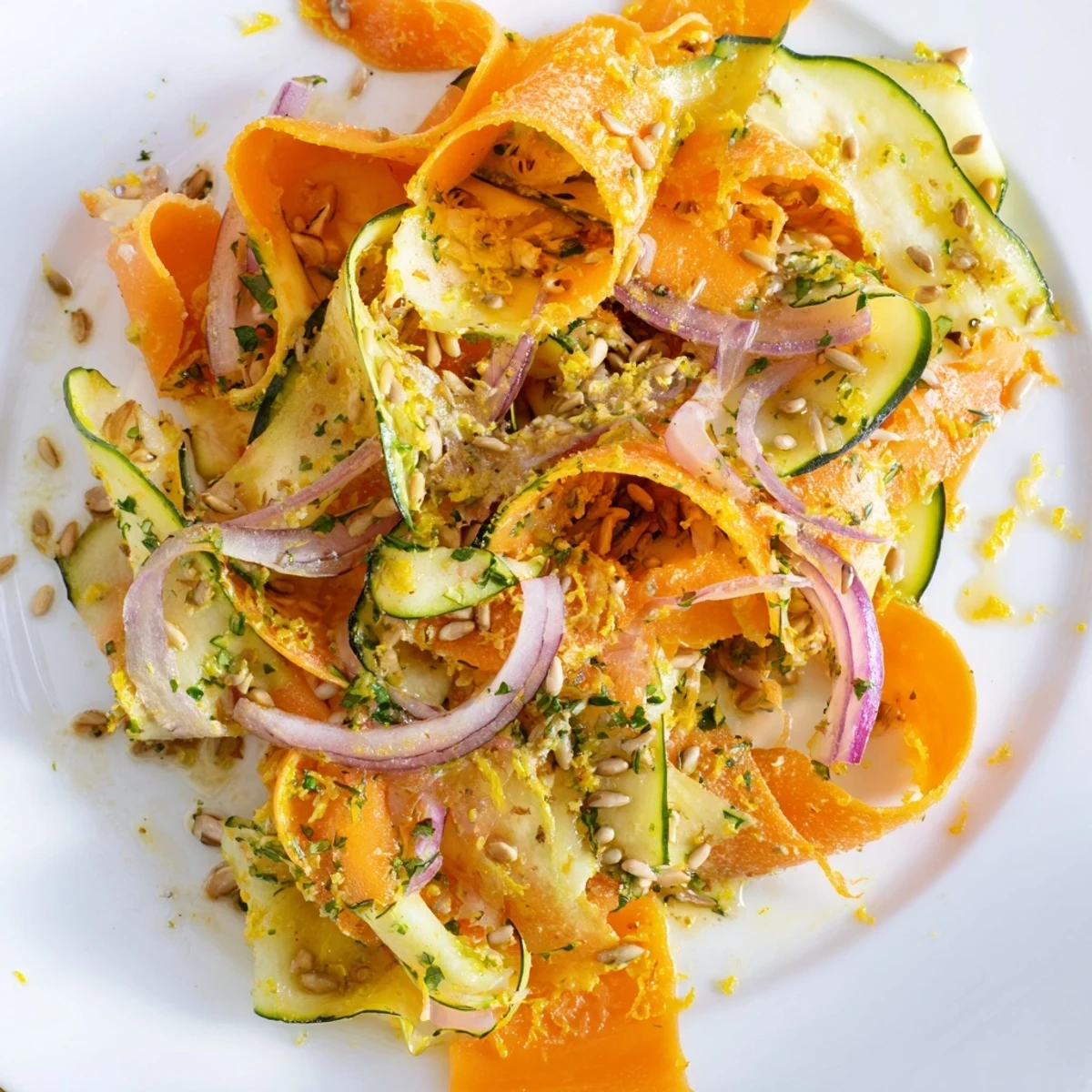 Vibrant carrot ribbon salad tossed with zesty citrus dressing and fresh parsley  