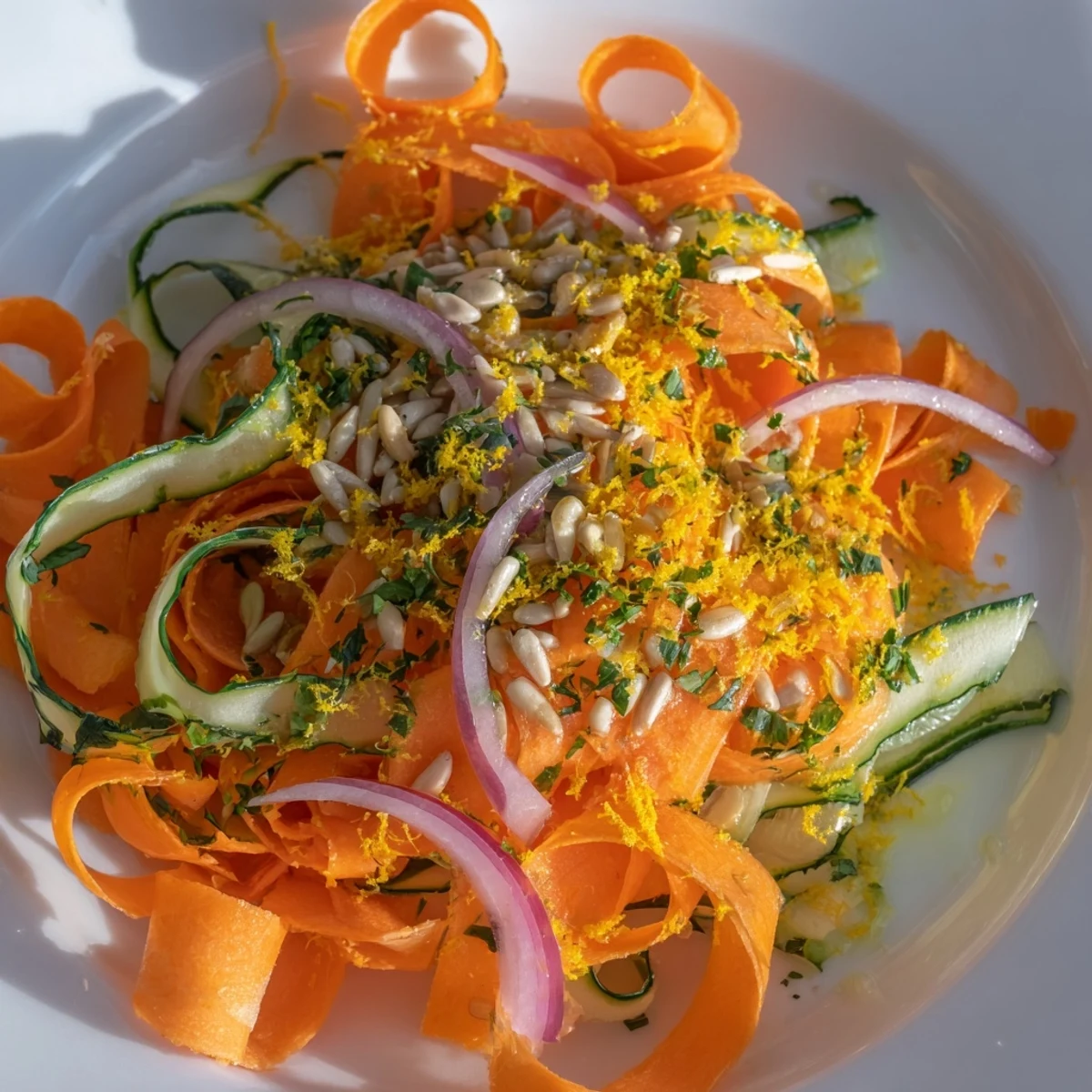 Delicate carrot ribbon salad garnished with sunflower seeds and lemon zest for serving