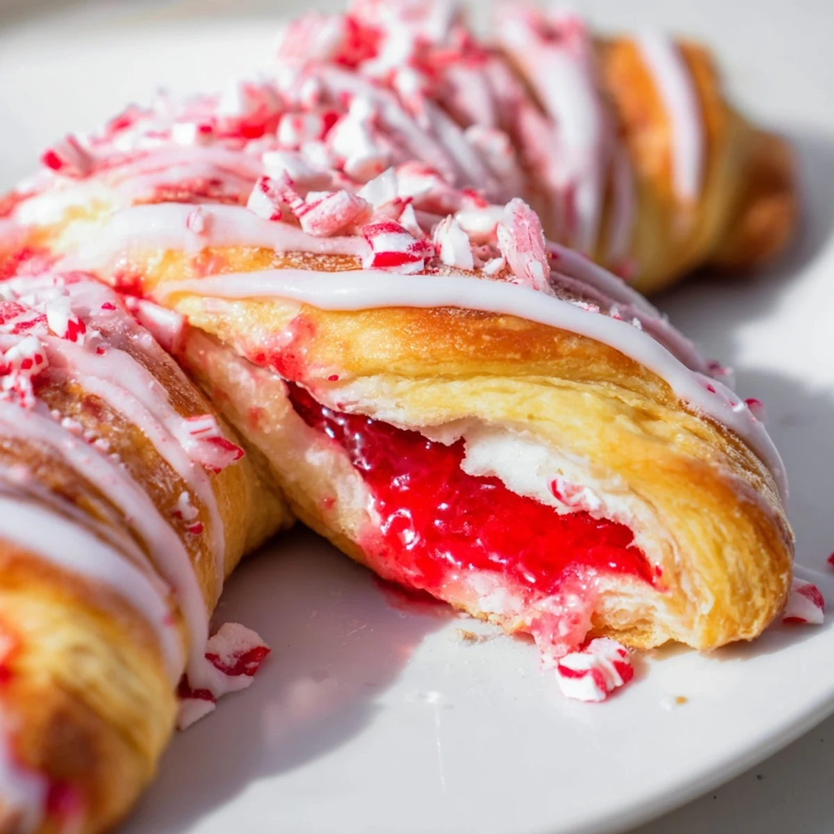 Festive candy cane crescent drizzled with icing and peppermint crumbs on a plate.  