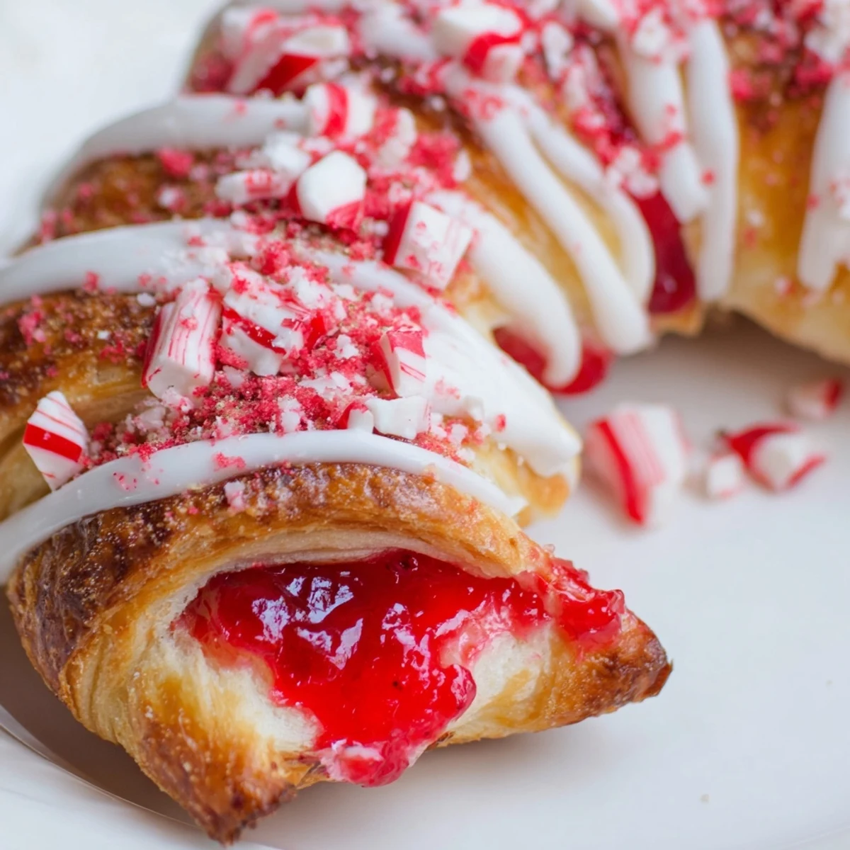 Golden candy cane crescent pastry filled with strawberry preserves and cream cheese glaze.  