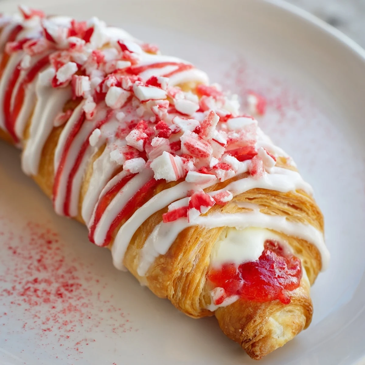 Sweet candy cane crescent breakfast treat topped with crushed peppermint and vanilla icing.