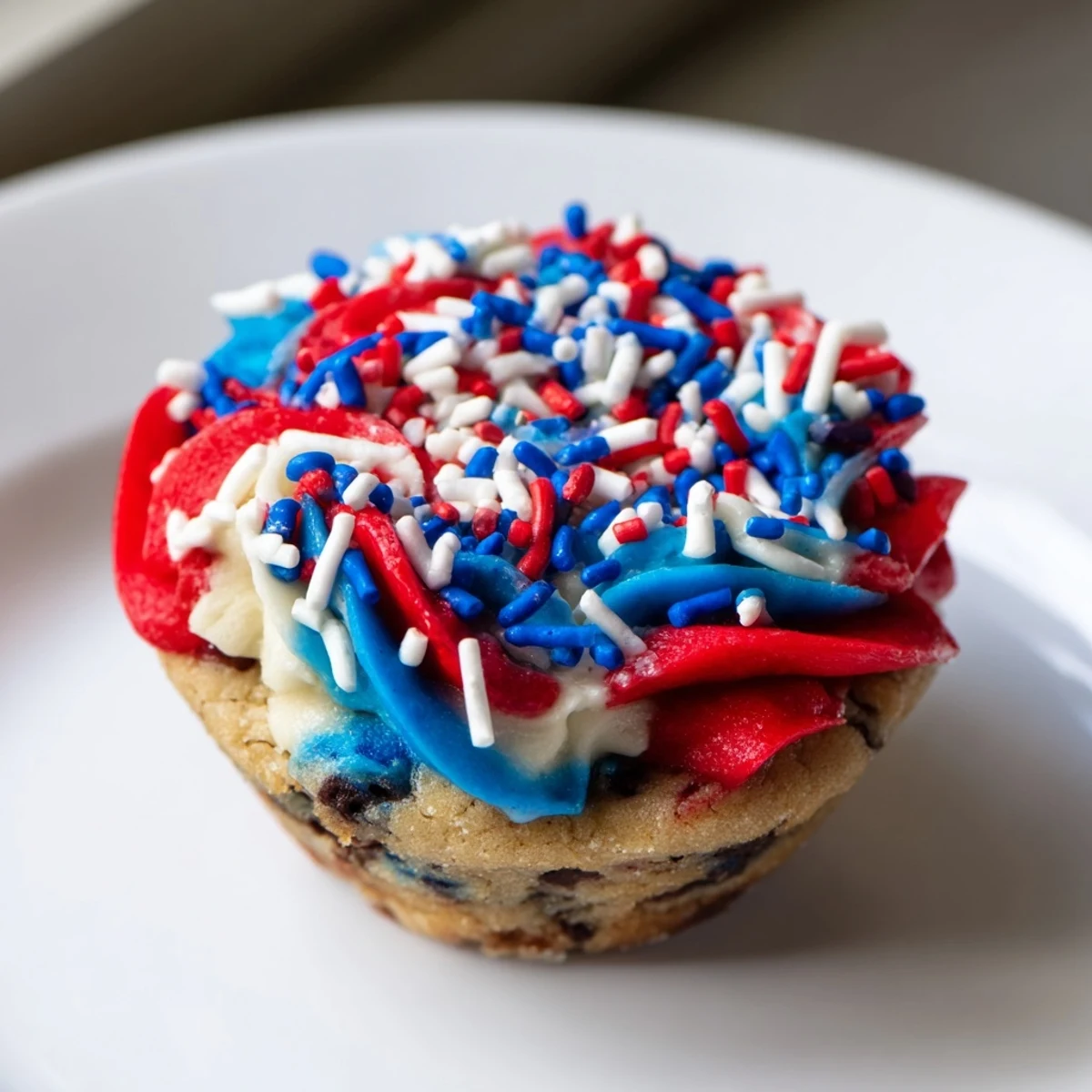 Bite-sized cookie cups filled with creamy frosting and colorful patriotic sprinkles perfect for parties  