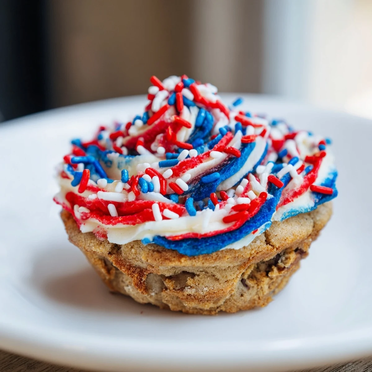 Soft chocolate chip cookie cups decorated with swirled red and blue frosting for Memorial Day