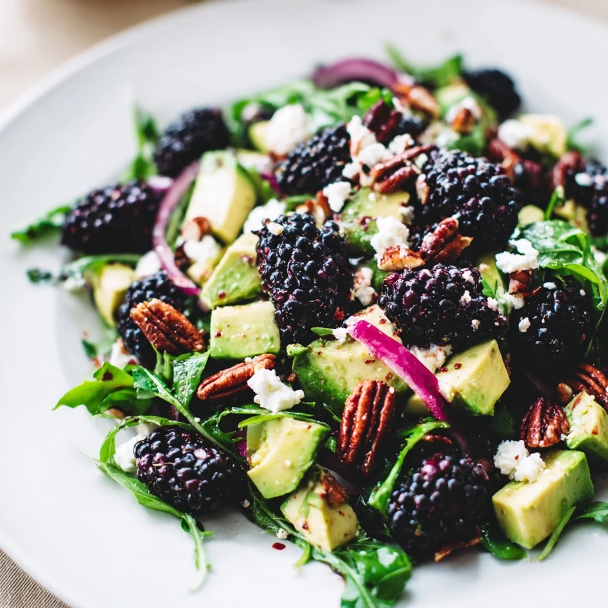 Fresh Blackberry Avocado Salad with creamy avocado, sweet blackberries, and zesty honey-lime dressing.  