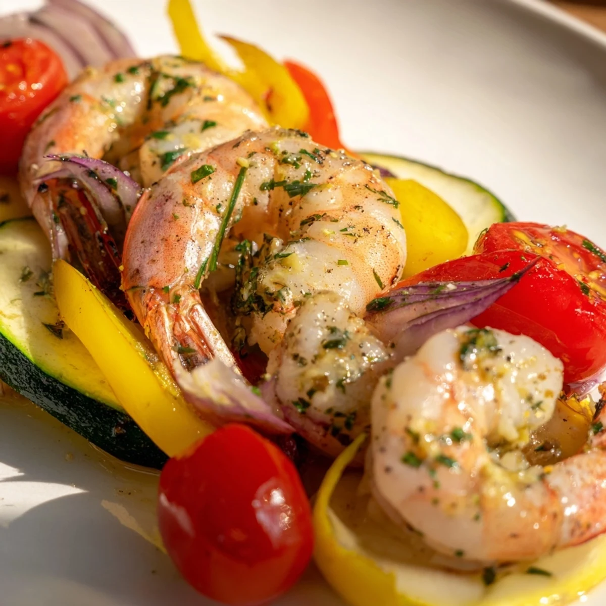 Tender garlic butter shrimp with vibrant vegetables on a single baking sheet  