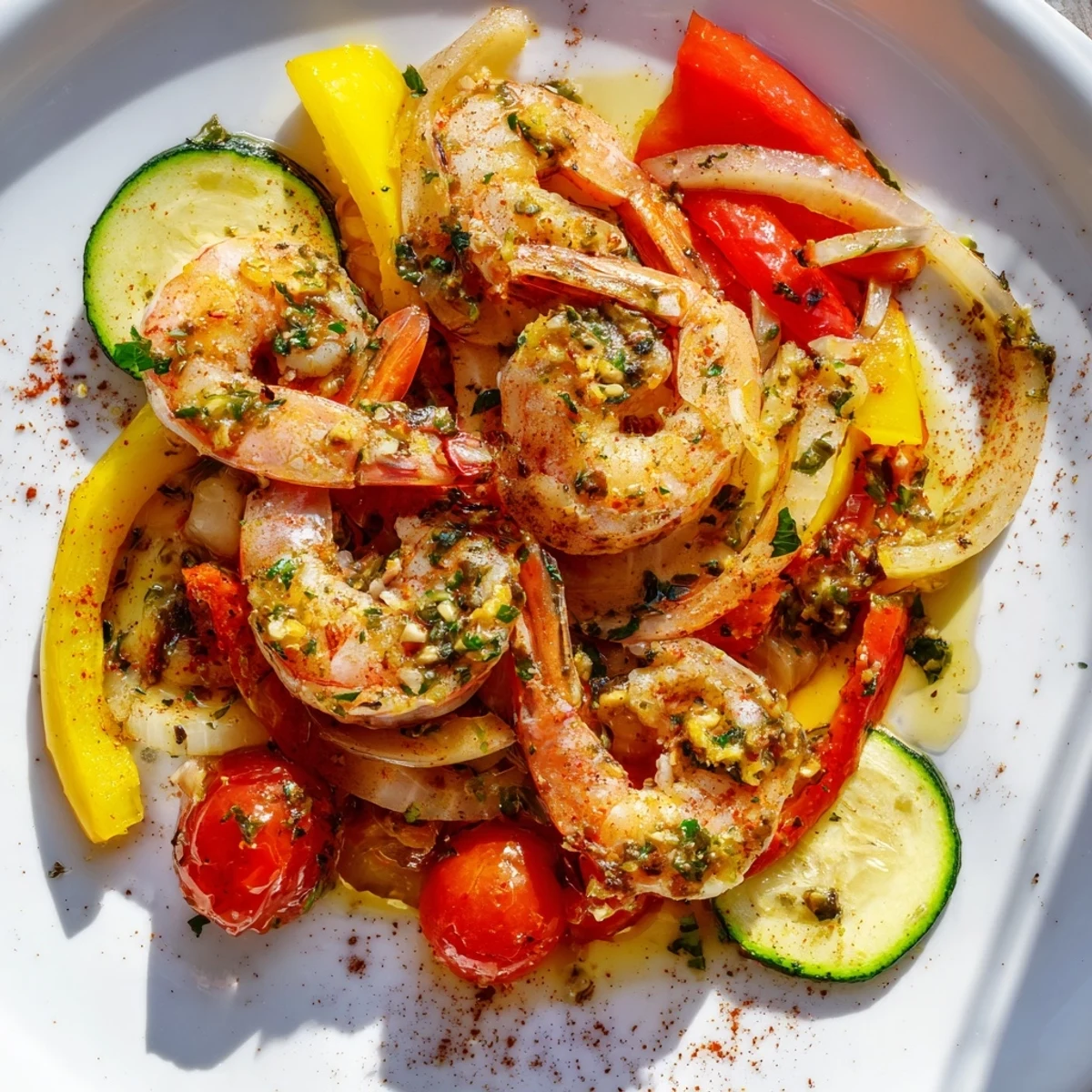 Golden sheet pan garlic butter shrimp roasted with colorful peppers and zucchini  