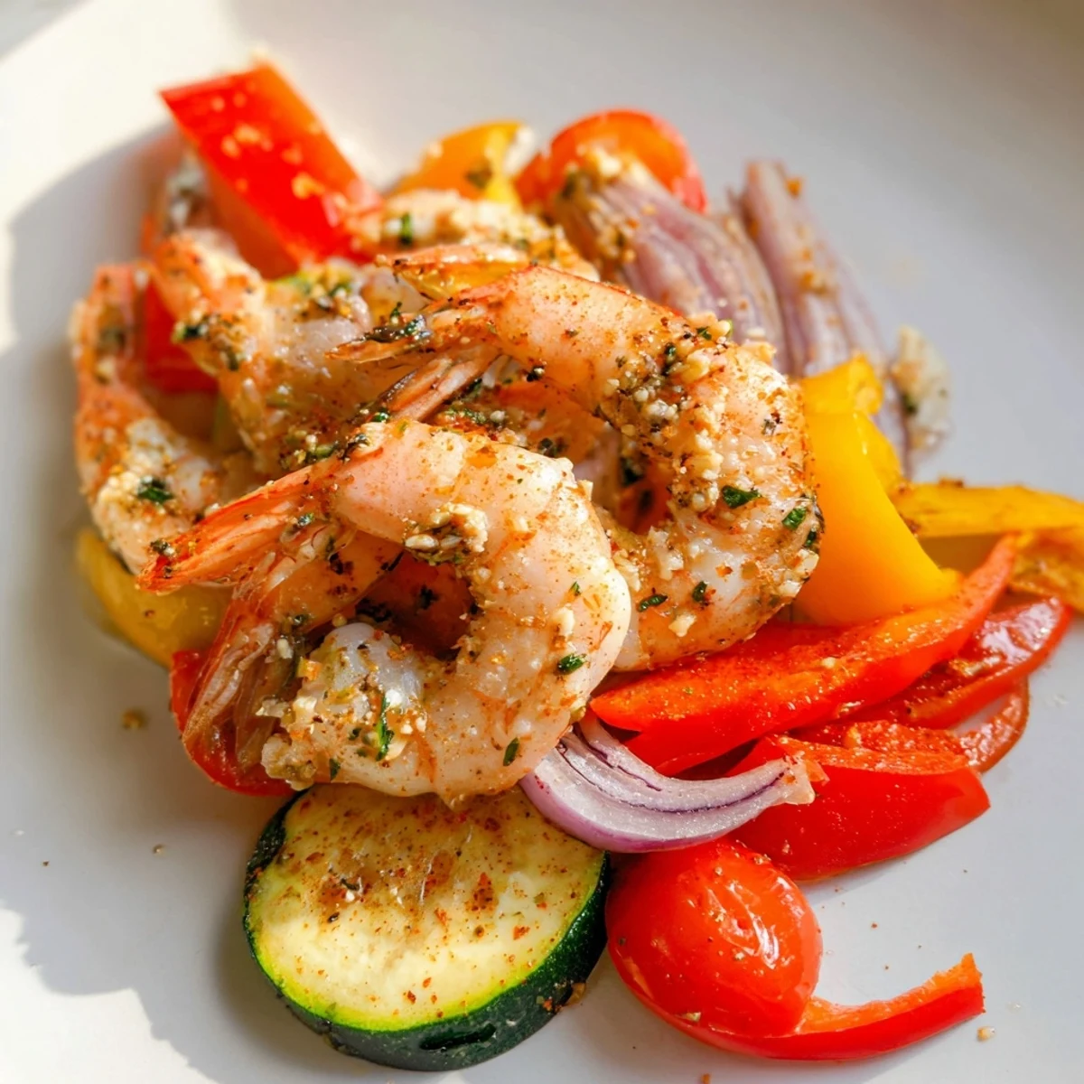 Savory shrimp in garlic butter sauce served with roasted veggies and lemon