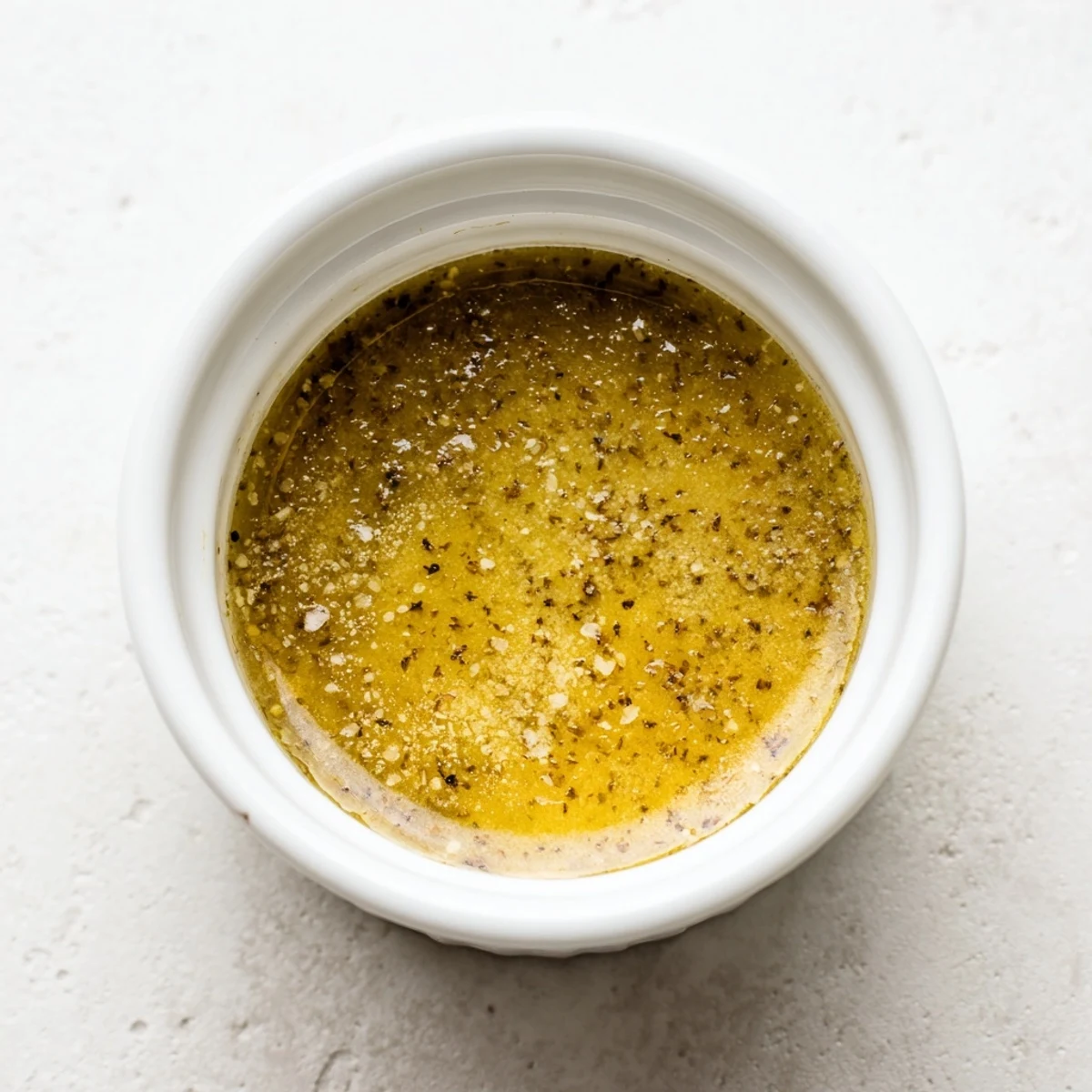 Golden honey vinaigrette drizzled over fresh mixed greens in a white bowl  