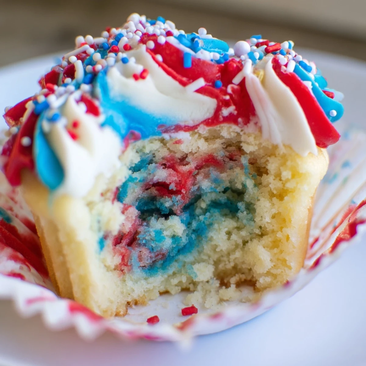 Vibrant tie dye cupcakes displaying red, white, and blue patterns.