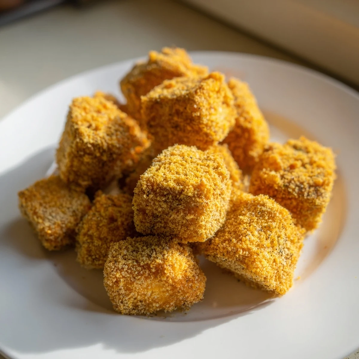 Golden brown crispy tofu fried chicken served with vegan dipping sauce  