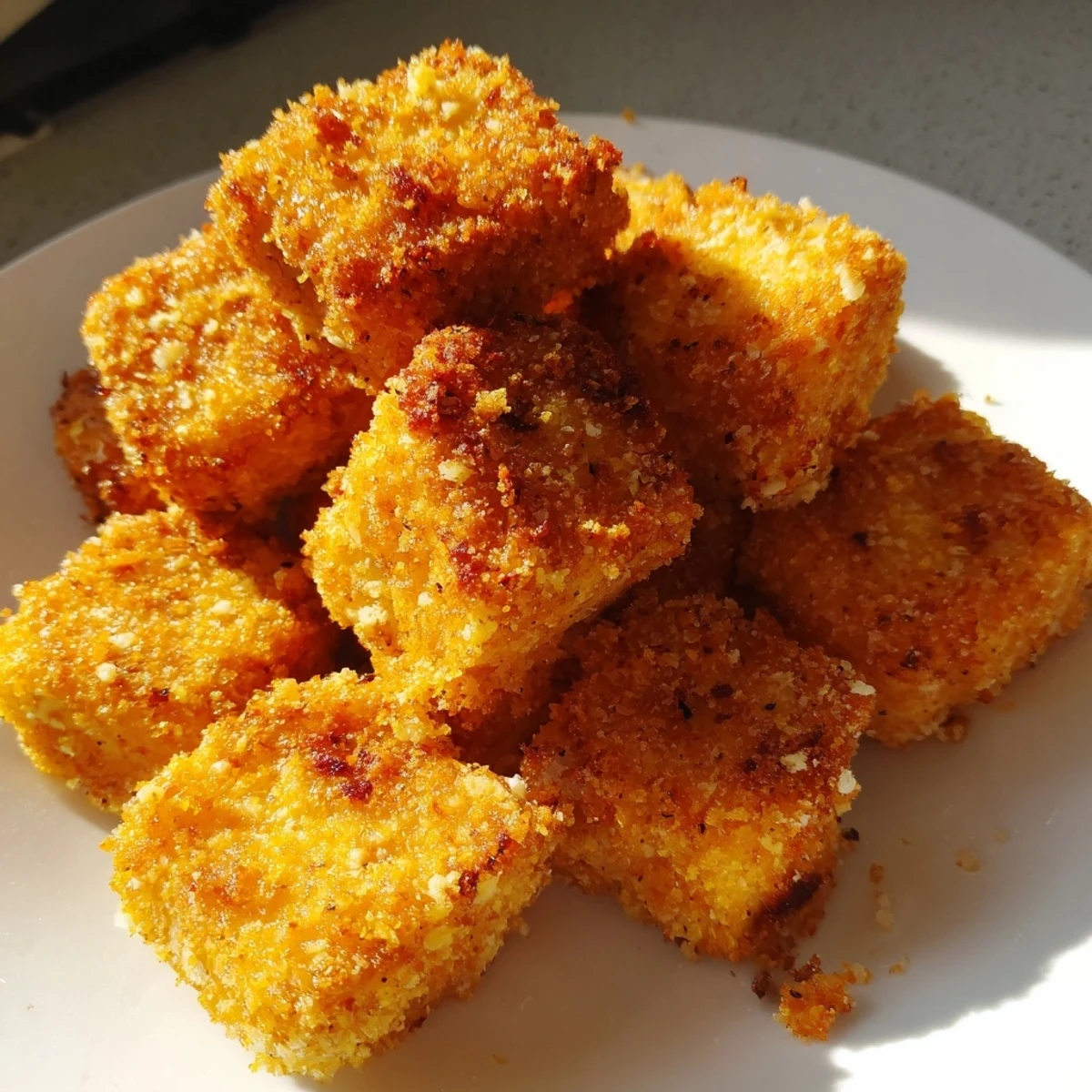Close up of crunchy tofu fried chicken pieces on a white plate  