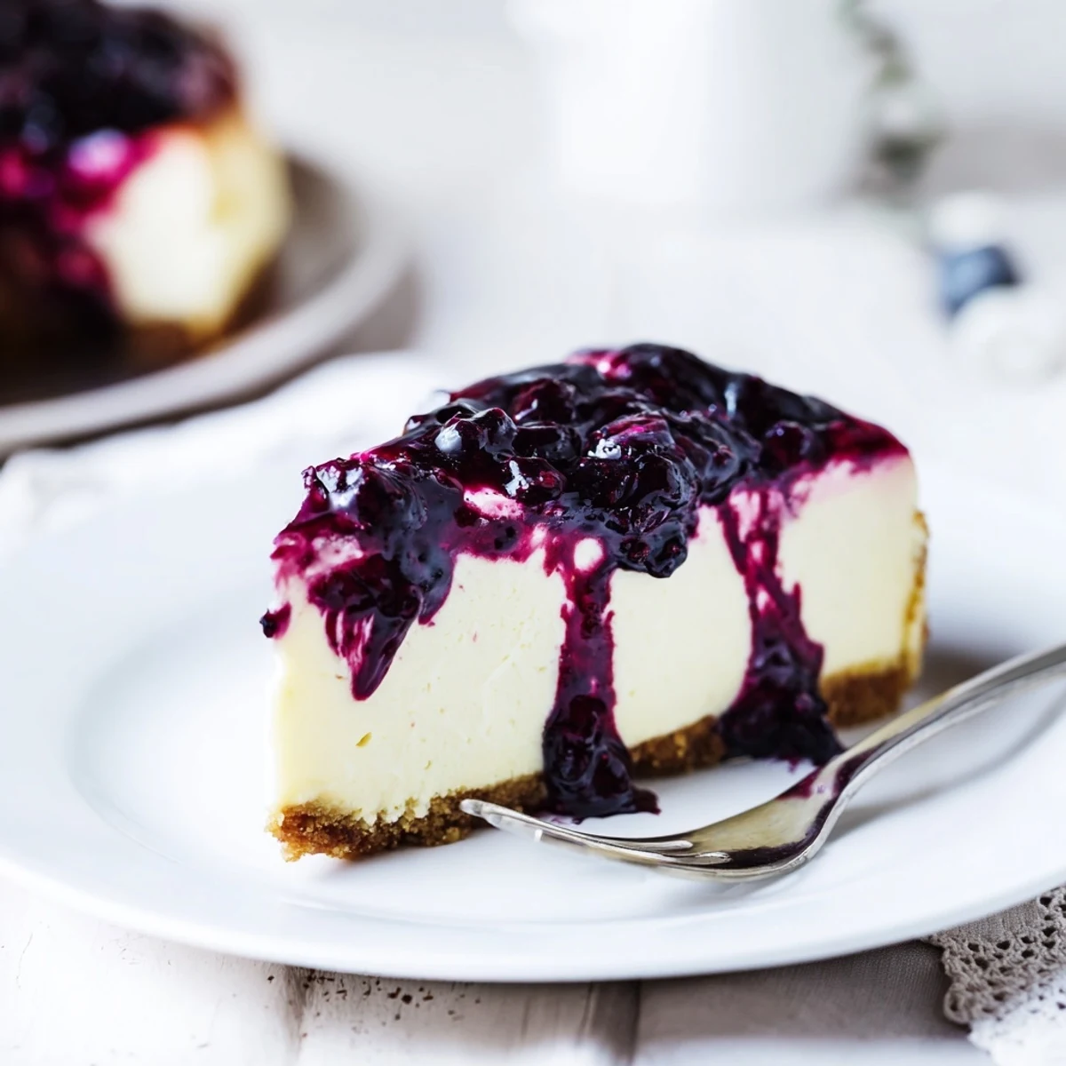 Blueberry cheesecake recipe featuring a creamy slice topped with sweet blueberry compote.