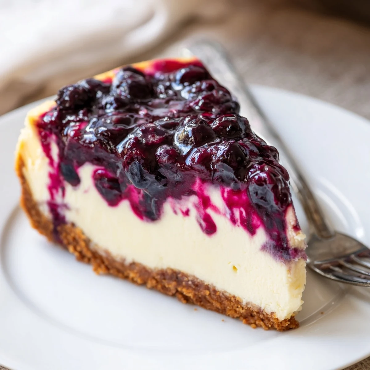A rich blueberry cheesecake recipe served on a graham cracker crust dessert plate.