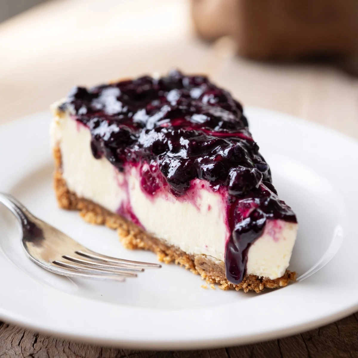 Classic blueberry cheesecake recipe showing a smooth slice with vibrant berry swirls.
