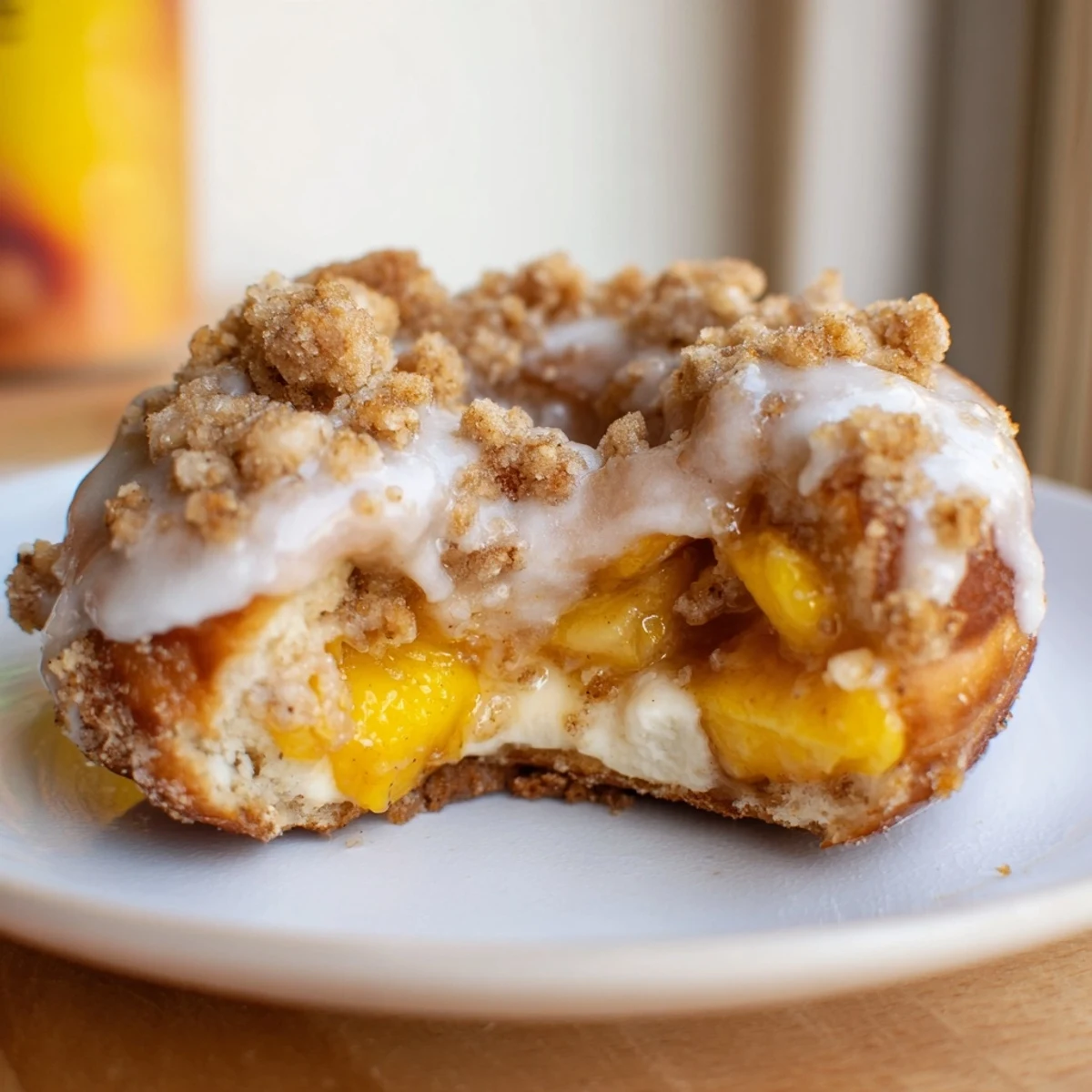 Golden peach cobbler cheesecake donuts topped with crunchy cinnamon crumb topping.  