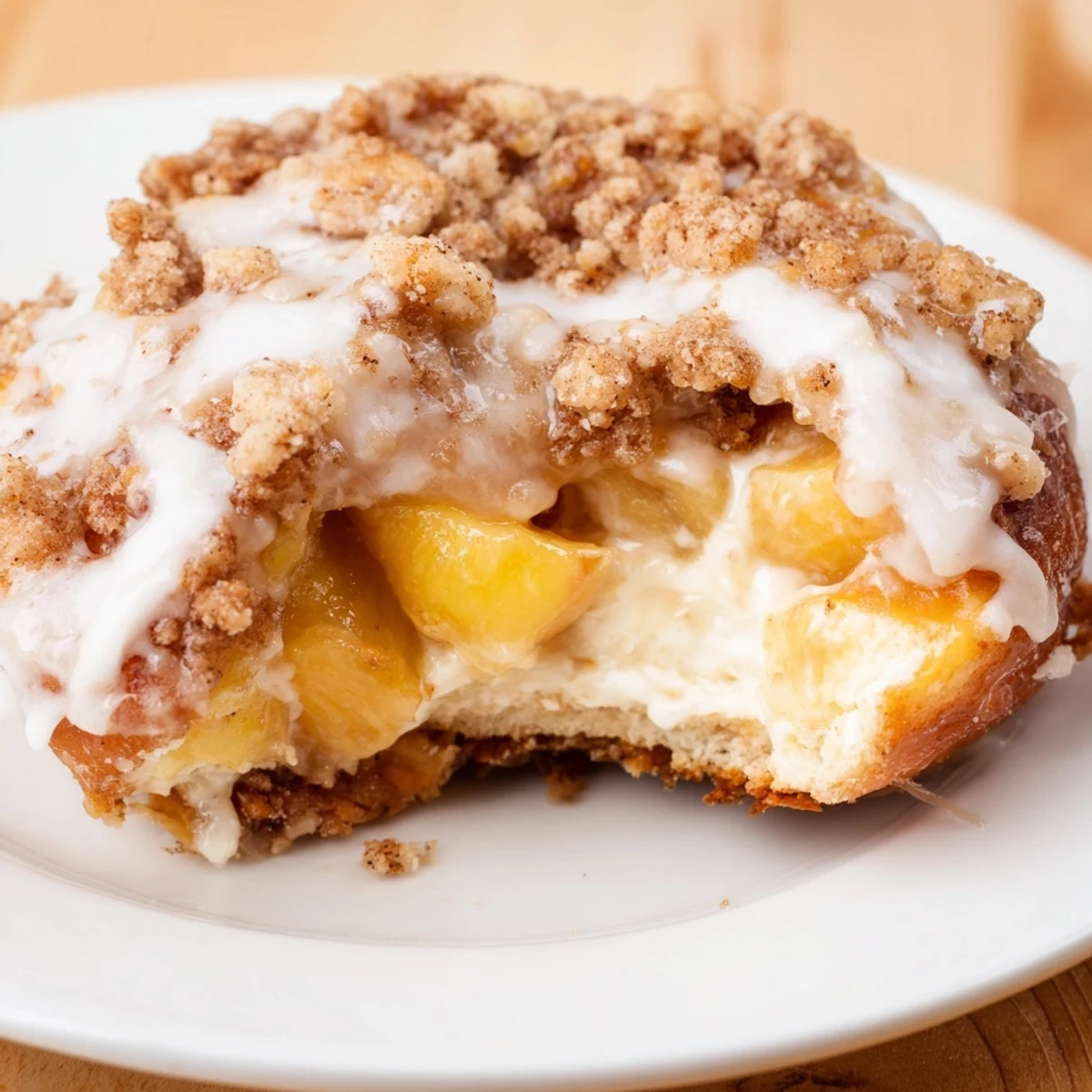 Fried peach cobbler cheesecake donuts filled with creamy cheesecake and sweet peaches.  