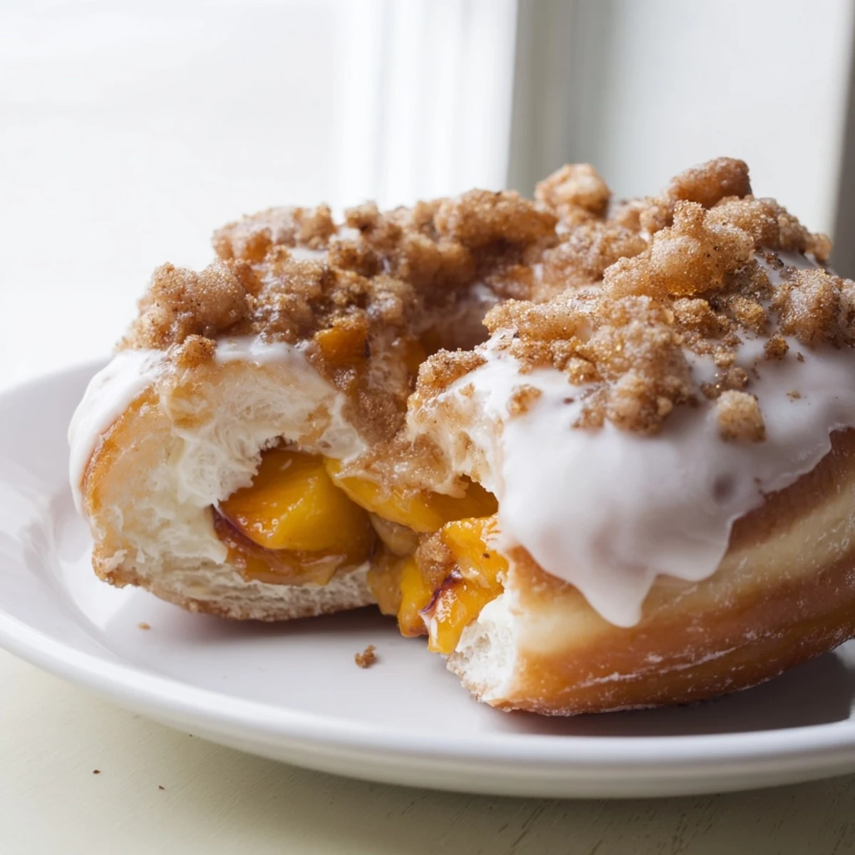 Glazed peach cobbler cheesecake donuts sprinkled with buttery cobbler crumbs for dessert.