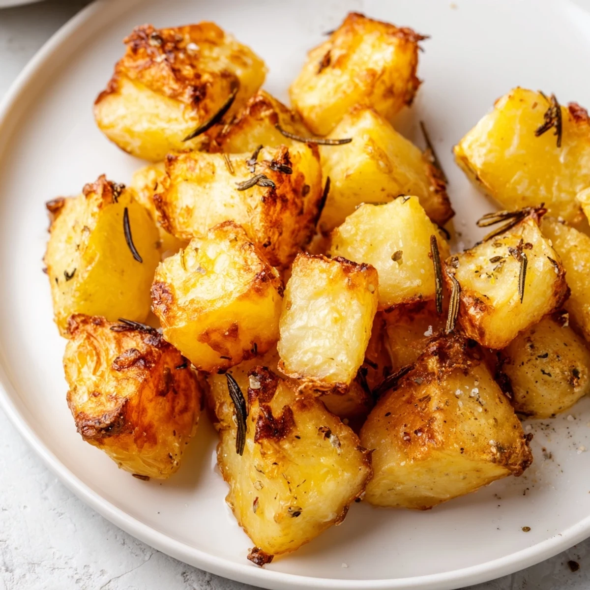 Oven-baked roasted potatoes seasoned with herbs on a white baking sheet  