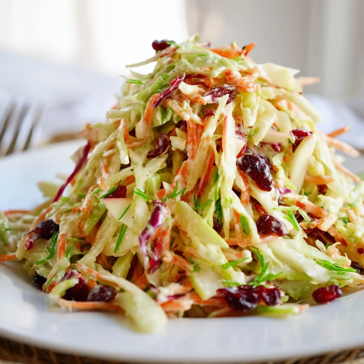 Cranberry Apple Coleslaw featuring crisp cabbage, sweet apples, and tart cranberries in a bowl.  