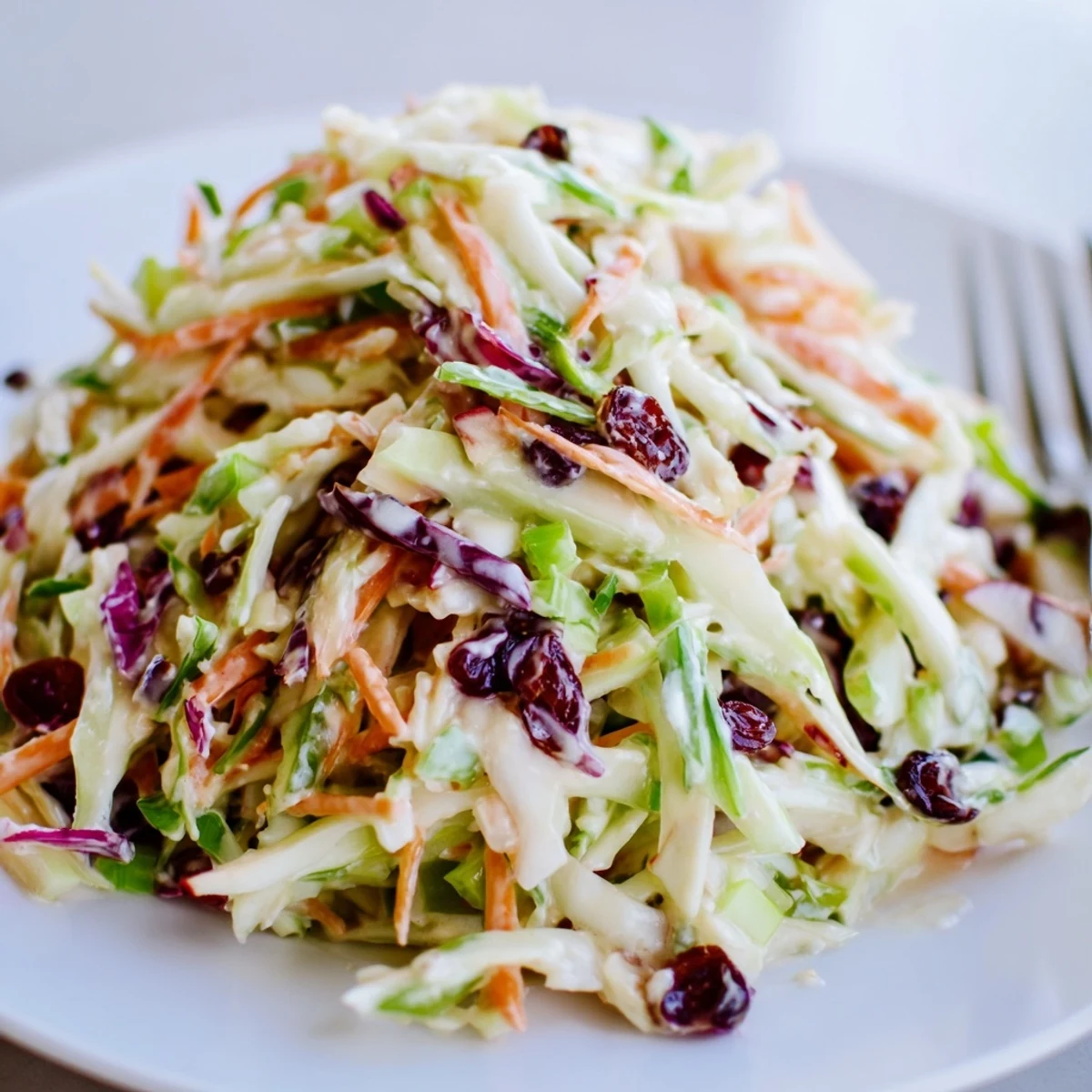 Fresh Cranberry Apple Coleslaw served chilled with crunchy walnuts and a creamy dressing.  