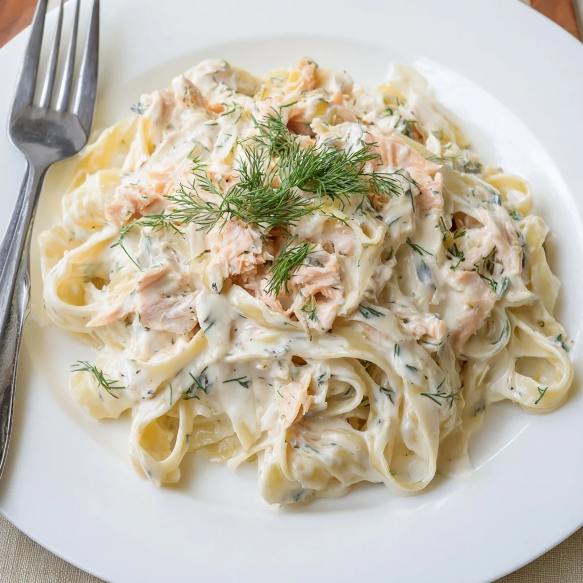 Creamy hot smoked salmon pasta served in a bowl with fresh dill  