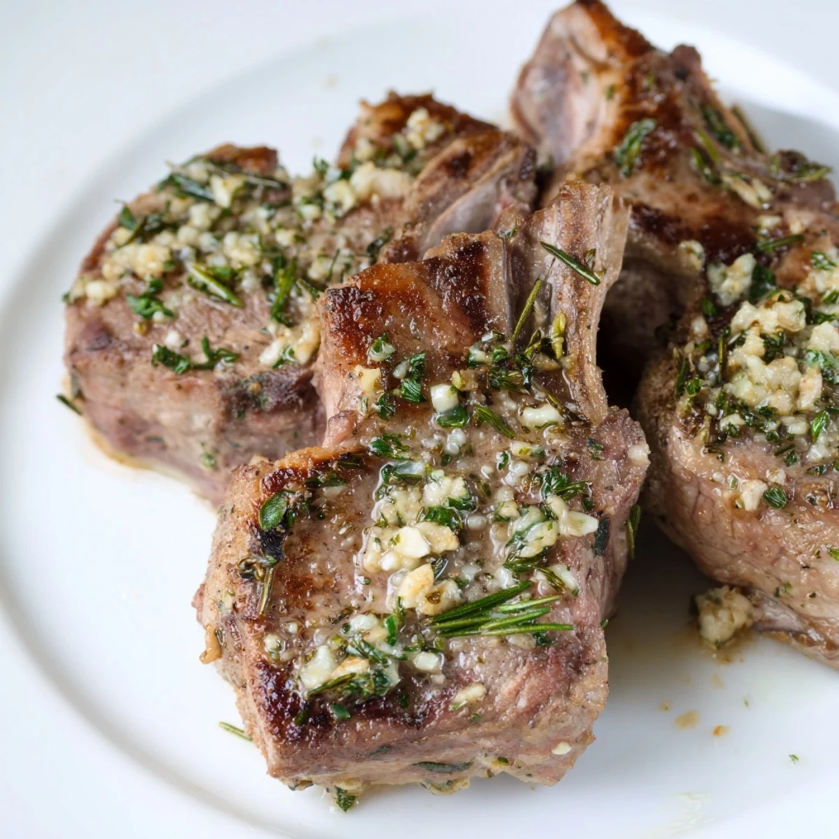 Golden herb garlic lamb chops seared to perfection with fresh herbs.