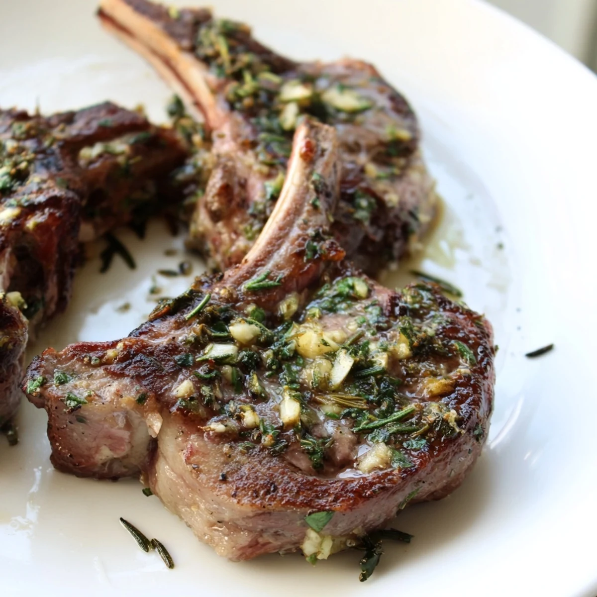 Succulent herb garlic lamb chops resting after being cooked to juicy perfection.