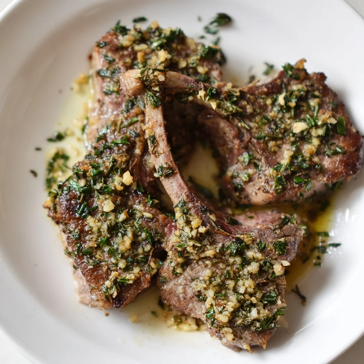 Pan-seared herb garlic lamb chops served with lemon wedges for zest.