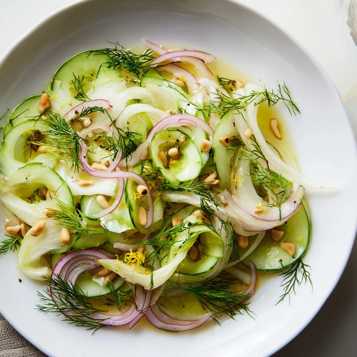 Bowl of crisp fennel cucumber salad drizzled with zesty citrus dressing.  