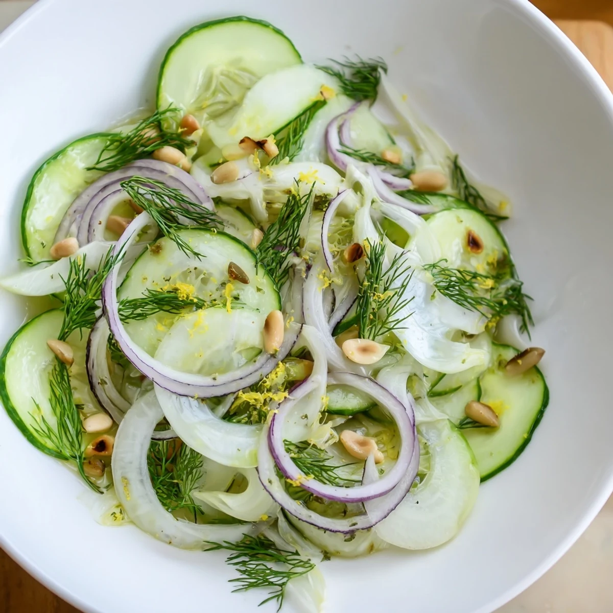 Fresh fennel and cucumber salad topped with dill and lemon zest.  